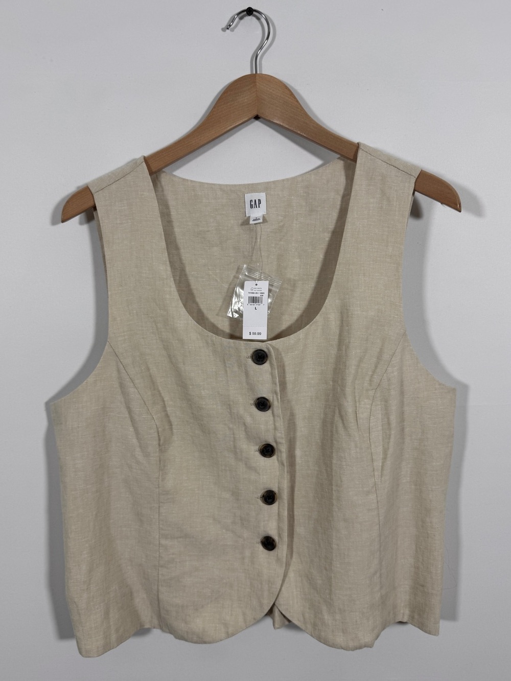 WSH112 {GAP} Beige Tan Linen Blend Tie Back Scoopneck Vest